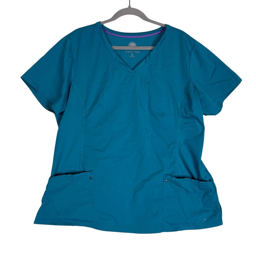 Healing Hands Scrub Top Womens 2X Blue V Neck Pockets Tunic Plus Size Workwear